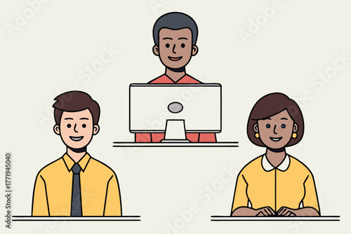 Three smiling diverse individuals are positioned around a computer with a transparent background