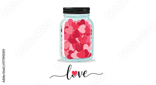 A mason jar filled with red and pink hearts, with the word 'love' written below.