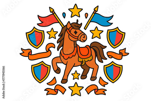 Colorful Warhorse Mandala. Warhorse in the center with saddles, banners, stars, and shields forming a battle mandala design,