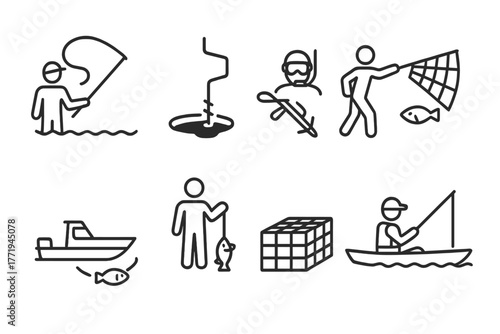 Fishing Methods Icons. Line style icons of Fishing methods: fly fishing, ice fishing hole, spear fishing, net casting, trolling,