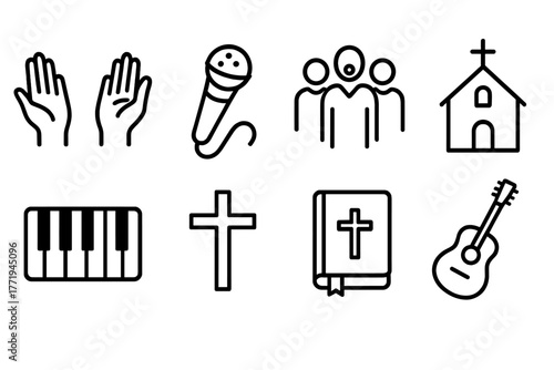 Praise & Worship Icons. Line style icons of Praise & Worship: Raised Hands, Microphone, Choir, Church, Piano, Cross, Hymn Book,