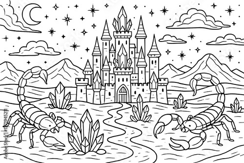 Desert Crystal Fortress. Magical fortress in the desert with glowing crystals, giant scorpions, and starry skies above, black and