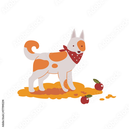 Vector hand-drawn illustration of a cute dog in an autumn garden. Sketch of a pet on a walk.
