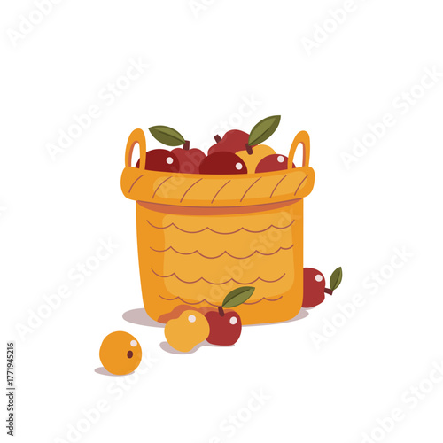 Vector hand-drawn illustration of a basket full of apples. Harvesting. Autumn season.