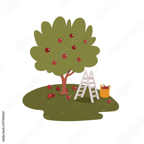 Vector hand-drawn illustration of an apple tree with a ladder. Sketch of a cozy autumn landscape.
