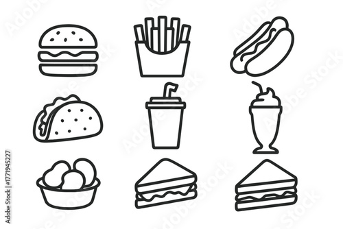 Fast Food Icons. Line style icons of Fast Food: Burger, Fries, Hotdog, Taco, Soda Cup, Milkshake, Nuggets, Sandwich, No text, No