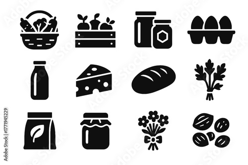 Crate seeds cheese icons bottle honey vector farm icon vegetables jar flower