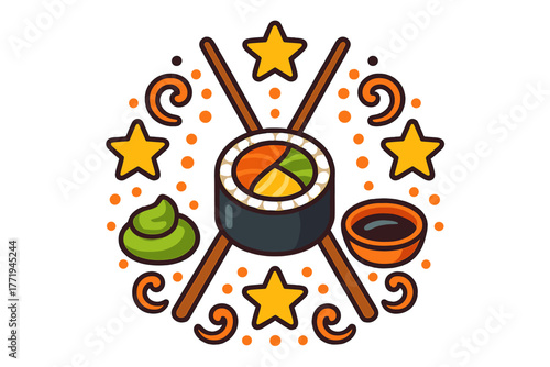 Sushi Mandala Art. Sushi roll in the center with chopsticks, soy sauce, wasabi, and stars forming a Japanese food mandala, bright