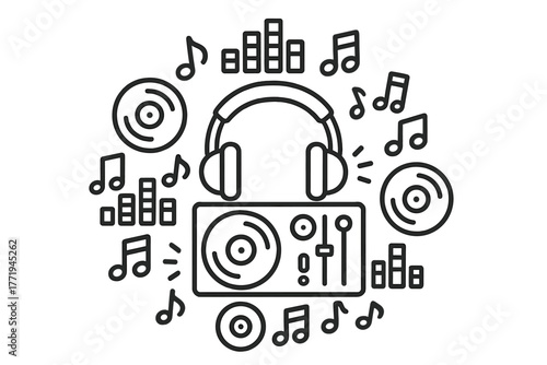 DJ Mandala Coloring Page. DJ turntable in the middle with headphones, notes, vinyl discs, and equalizer bars forming a playful