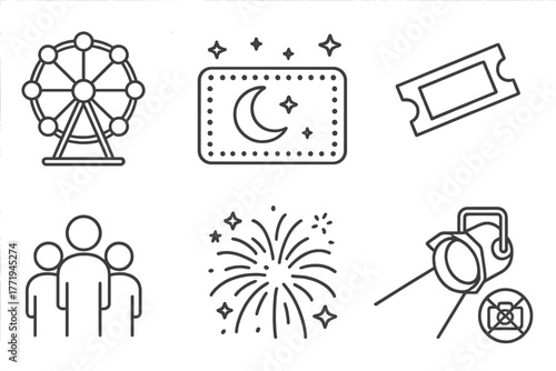 Evening Carnival Icons. Line style icons of Evening carnival: ferris wheel lights, neon sign, starry sky, ticket stub, lantern,