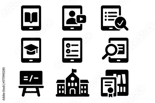 Building icons certificate notes icon education library vector virtual cap app course