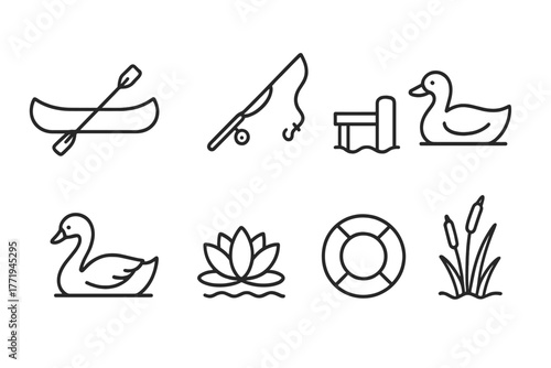 Lakeside Park Icons. Line style icons of Lakeside Park: Canoe, Fishing Rod, Pier, Duck, Swan, Water Lily, Lifebuoy, Reed Grass, No