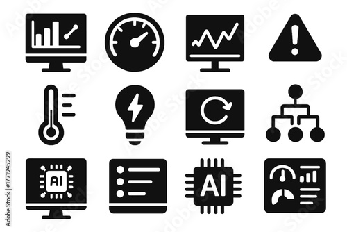Analytics screen workflow log network cpu monitoring vector sensor ai icons system