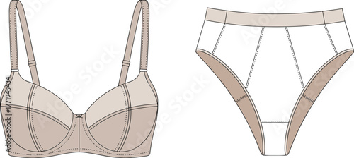 Technical Illustration of Contour Panel Bra and High-Cut Briefs Set in Skin-Tone Nude, Full Coverage Underwear CAD Drawing, Professional Apparel Flat Sketch.
