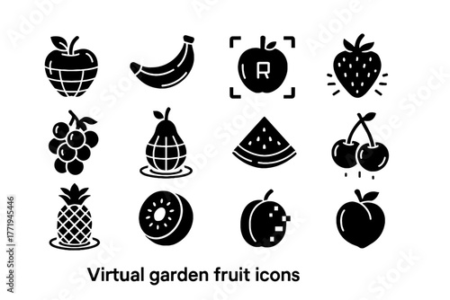 Ar icons vector pixelated orange apple icon plum slice futuristic digital virtual