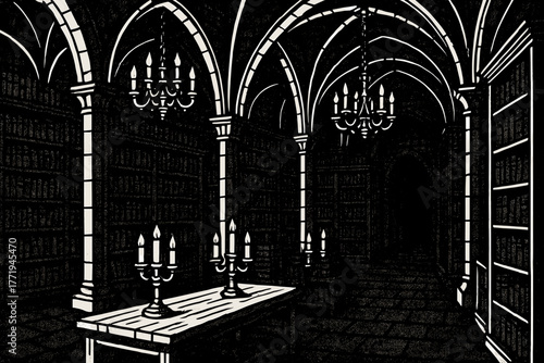 Gothic Castle Library. Dark gothic library inside a castle with high arches, candle chandeliers, and shelves full of dusty books,