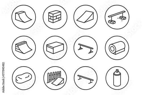 DIY Skate Obstacles Icons. Line style round vector icons of DIY Skate Obstacles: Home Ramp, Cinder Block Ledge, Plywood Kicker,
