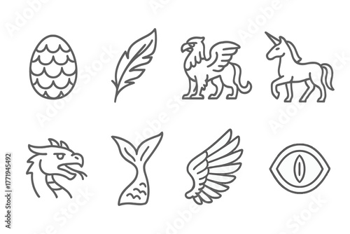 Fantasy Icons Collection. Line style icons of Fantasy Menagerie: Dragon Egg, Phoenix Feather, Griffin, Unicorn, Hydra Head,