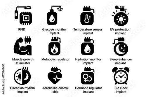 Vector icons muscle implant icon glucose chip enhancer hormone adrenaline biohacking monitor