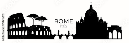 Stylish vector silhouette of Rome with Colosseum, cypress trees, bridge with statues, and St. Peter’s Basilica. Minimalist cityscape design, for travel, souvenirs, posters, tourist guides, branding.