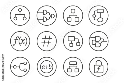 Cryptographic Algorithm Icons. Line style icons of cryptographic algorithms in round shape: algorithm tree, logic gate path,