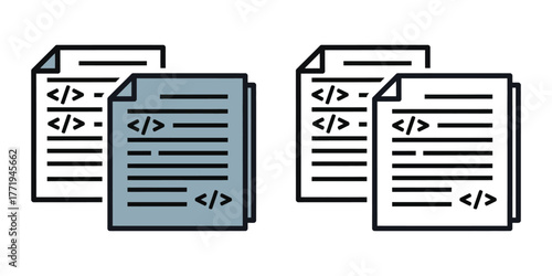 Stack of documents with code symbols and lines on white background programming software