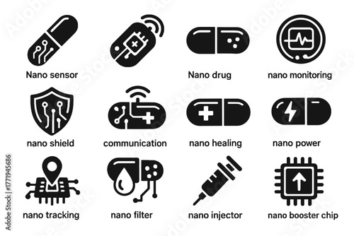 Repair icon implant tracking shield sensor drug nano injector vector