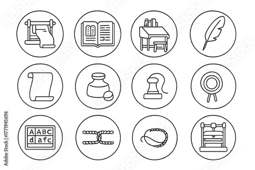 Historical Printing Icons. Line style round vector icons of Historical Printing: Scroll Press, Illuminated Manuscript, Scribe Desk