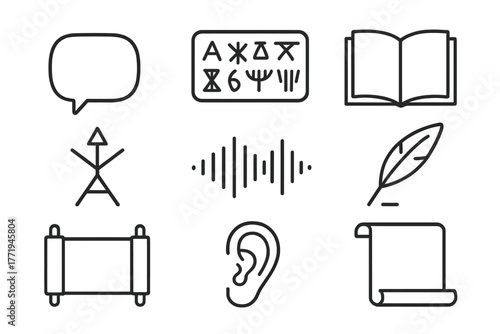 Linguistic Anthropology Icons. Line style icons of Linguistic Anthropology: Speech Bubble, Script, Tablet, Book, Symbol, Voice