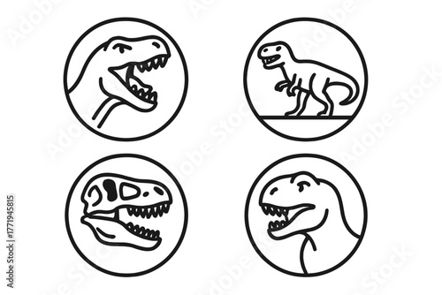 T-Rex Icons Collection. Line style icons of Tyrannosaurus Rex in round shape: roaring T-Rex, walking T-Rex, T-Rex skull, side-view