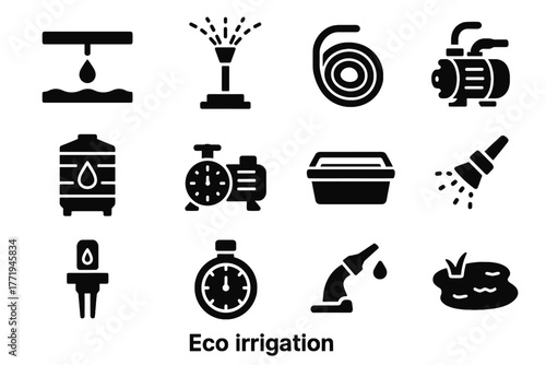 Icons vector icon water eco nozzle canal hose filter sensor sprinkler irrigation