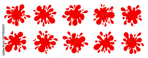 Set of blood splashes, drops and stains. Vector illustration showing red ink blobs and drips isolated on white background.