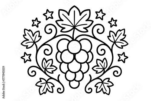 Symmetrical Vineyard Design. Grapes cluster in the center with vines, leaves, tendrils, and stars radiating outward in circular
