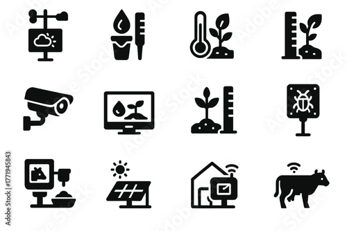 Vector camera monitoring detector farm feeder meter drone station icon icons greenhouse