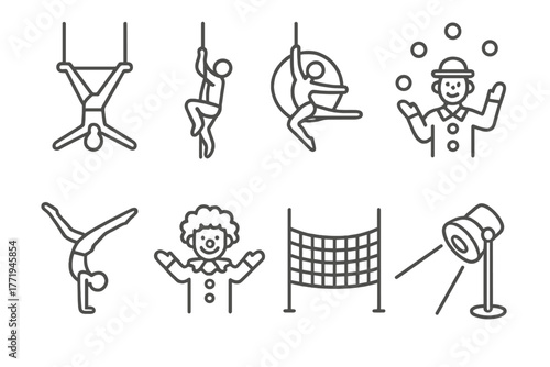 Circus Acrobatics Icons. Line style icons of Circus Acrobatics: Trapeze, Rope, Hoop, Juggler, Acrobat, Clown, Safety Net,