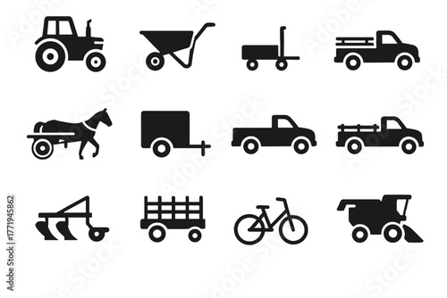 Icon plow trailer farm transport truck pickup tractor vector icons wagon hay