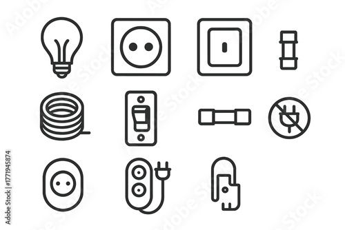 Electrical Supplies Icons. Line style icons of Electrical supplies: light bulb, outlet, switch, wire coil, circuit breaker, fuse,