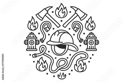 Firefighter Mandala Art. Firefighter helmet in the center with hoses, axes, flames, and fire hydrants arranged in a circular