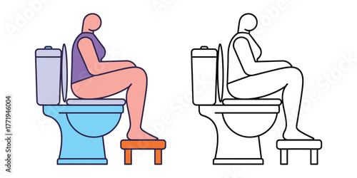Stylized person sitting on toilet with foot stool in blue and purple bathroom