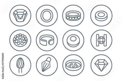 Gemstone Setting Icons. Line style round vector icons of Gemstone Settings: Prong Setting, Bezel Setting, Channel Setting, Flush