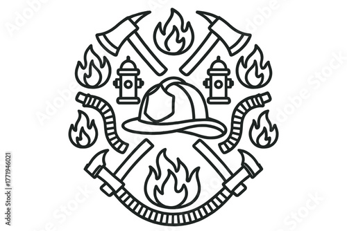Firefighter Mandala Art. Firefighter helmet in the center with hoses, axes, flames, and fire hydrants arranged in a circular