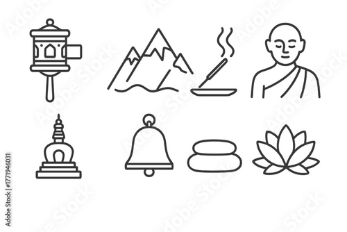 Mountain Monastic Icons. Line style icons of Mountain Monastic Life: Prayer Wheel, Mountain Peak, Incense, Monk, Stupa, Bell,