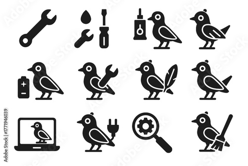 Icon vector cleaning diagnostic lubricant check calibration robot maintenance adjustment actuator repair