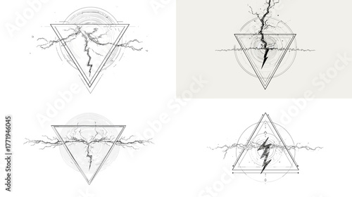 Minimal line art of lightning inside geometric triangles, symbolizing power and energy. Perfect for tattoo, abstract, and conceptual design illustration projects.