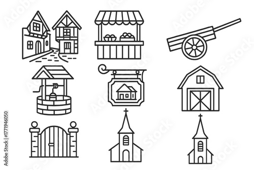 Old Village Icons. Line style icons of Old village: cobblestone street, market stall, wooden cart, well, inn sign, barn, gate,