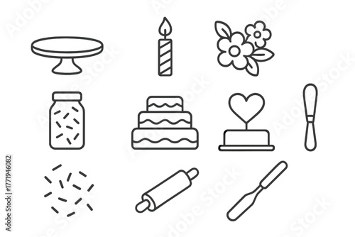 Cake Decorating Icons. Line style icons of Cake Decorating: Cake Stand, Candle, Sugar Flowers, Fondant Roller, Sprinkles, Layered