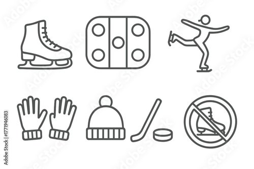 Ice Skating Icons. Line style icons of Ice Skating: Ice Skate, Rink, Hockey Stick, Puck, Figure Skater, Gloves, Beanie, Scoreboard