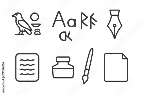 Writing System Icons. Line style icons of Writing Systems: Hieroglyphs, Letters, Runes, Calligraphy Pen, Tablet, Ink, Brush, Page,