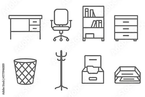 Office Furniture Icons. Line style icons of Office furniture: writing desk, swivel chair, bookshelf, drawer chest, wastebasket,