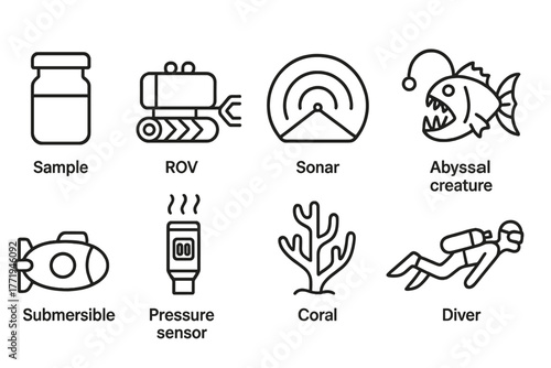 Deep Sea Icons. Line style icons of Deep Sea Lab: Sample Container, ROV, Sonar, Abyssal Creature, Submersible, Pressure Sensor,
